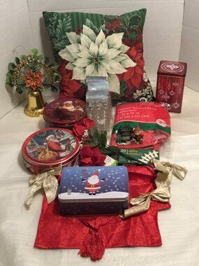 Nice lot of Christmas decorating items, tins, ornaments, ribbons, faux flowers